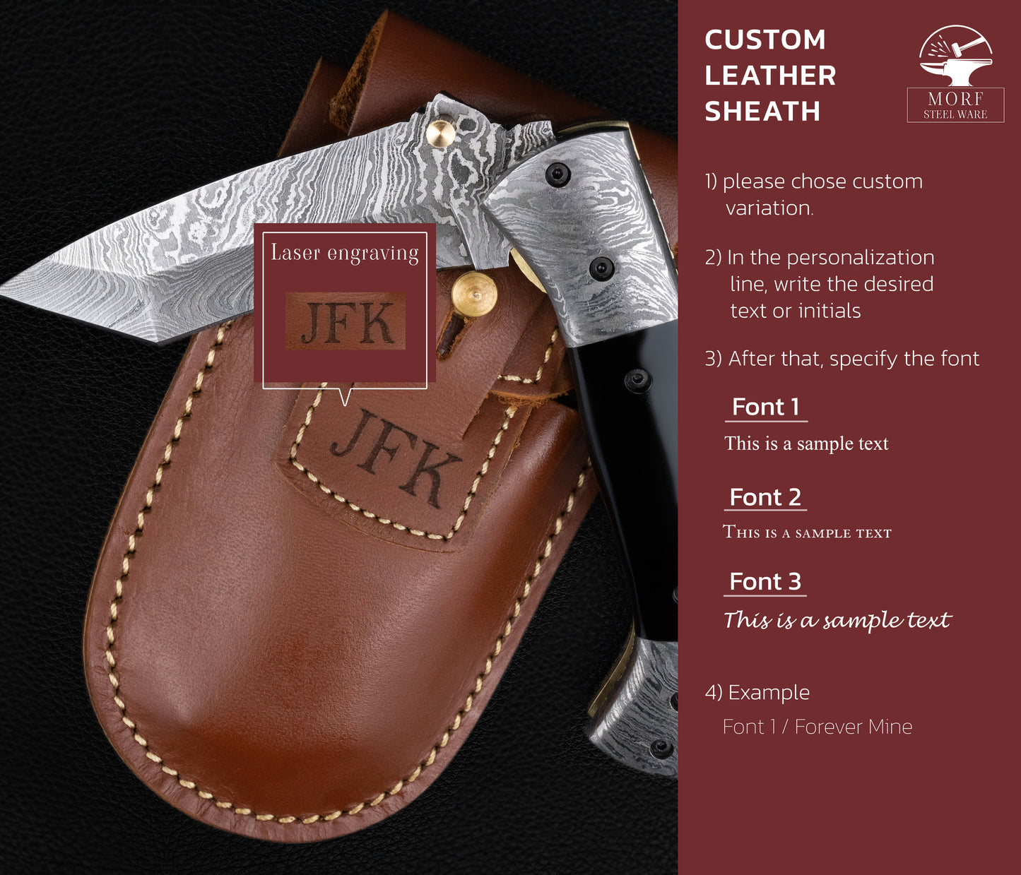 Curved Hand Forged Black Damascus Folding Knife