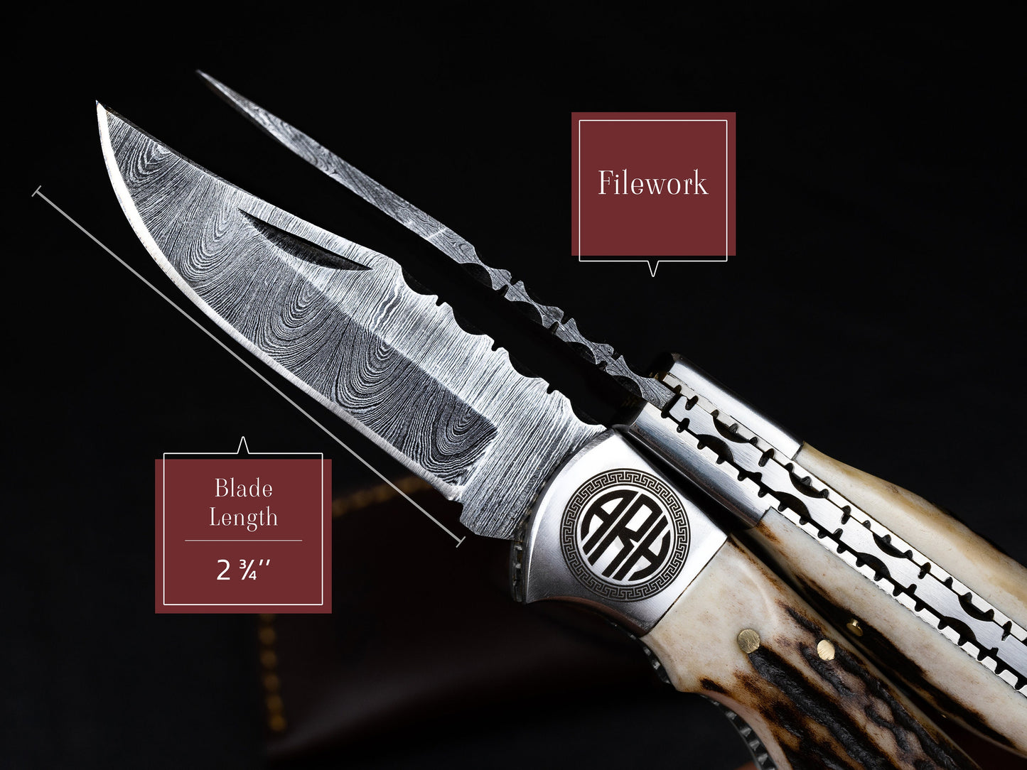 Groomsmen Knife Handmade Pocket Knife, Damascus Folding Knife, Stag Horn and Camel Bone Handle, Groomsmen Gifts, Gift for boyfriend 2023