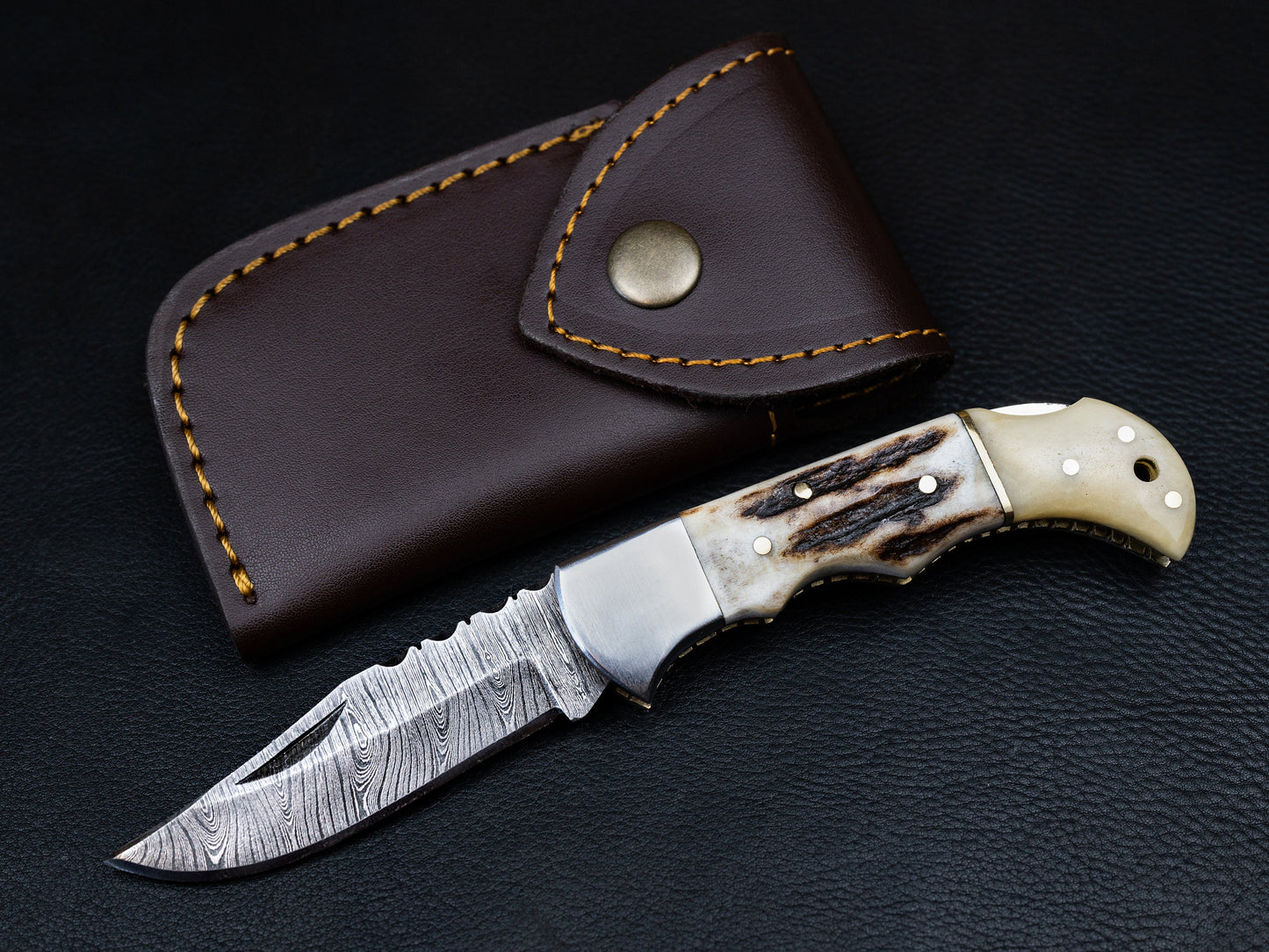 Groomsmen Knife Handmade Pocket Knife, Damascus Folding Knife, Stag Horn and Camel Bone Handle, Groomsmen Gifts, Gift for boyfriend 2023