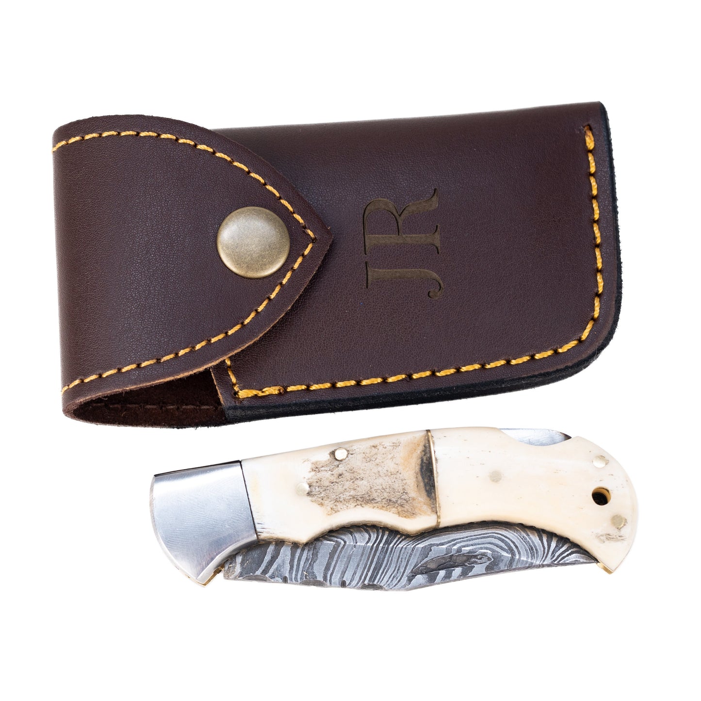 Groomsmen Knife Handmade Pocket Knife, Damascus Folding Knife, Stag Horn and Camel Bone Handle, Groomsmen Gifts, Gift for boyfriend 2023