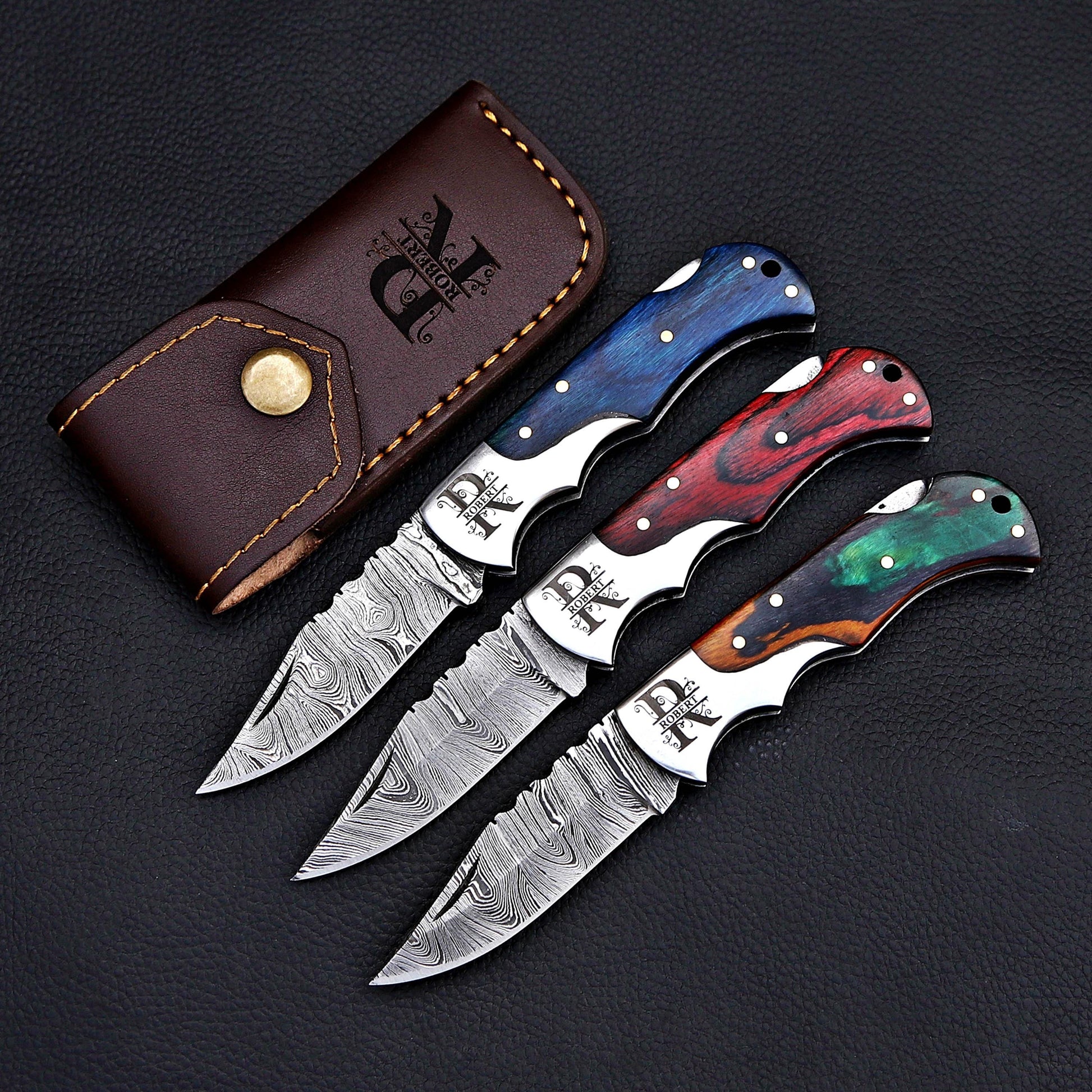 Damascus Folding Knife SET – Custom Collection Damascus Knives Custom Pocket Knife with Leather Sheath, Handmade Gift for Him