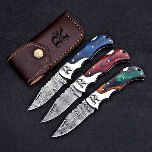 Damascus Folding Knife SET – Custom Collection Damascus Knives Custom Pocket Knife with Leather Sheath, Handmade Gift for Him