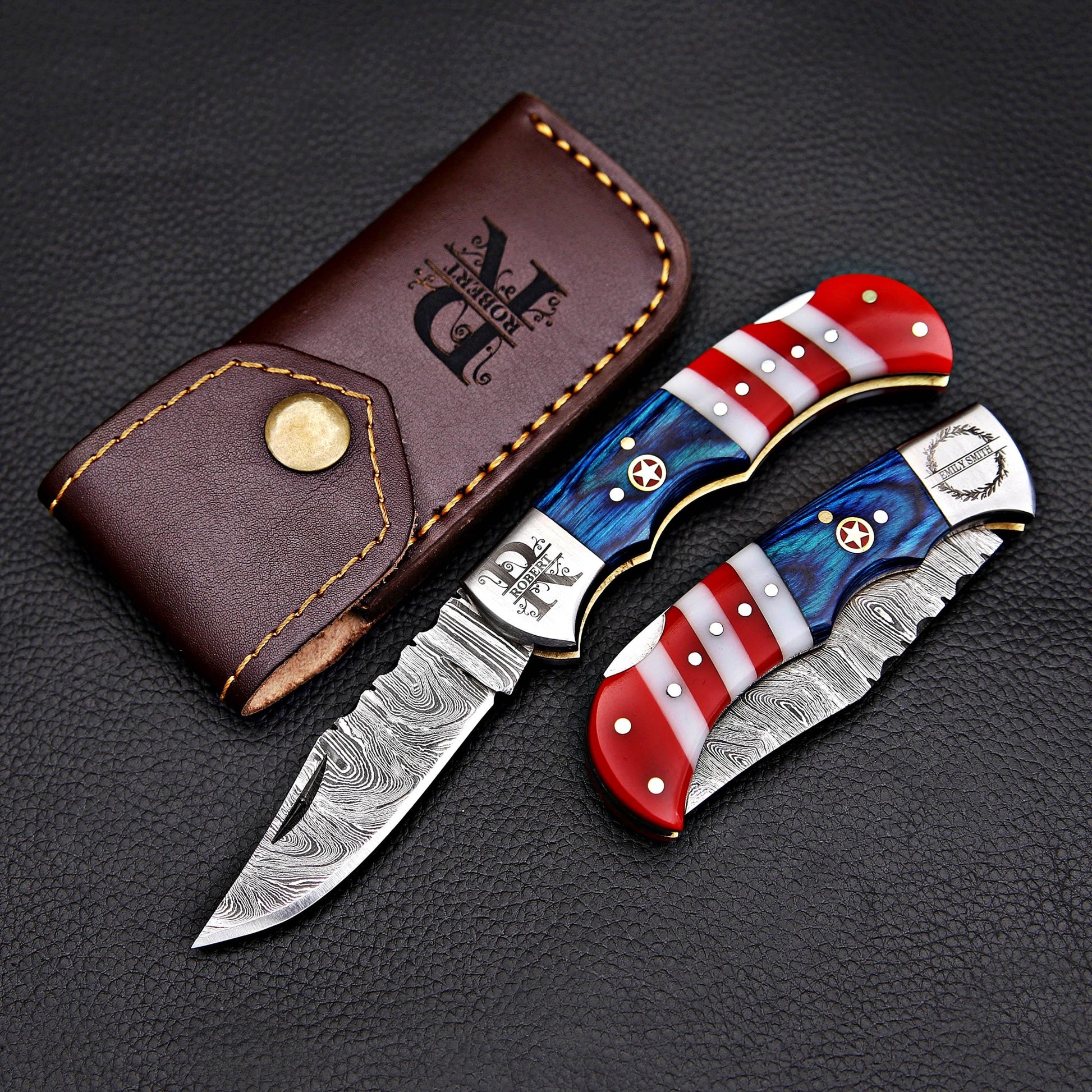 Handmade Damascus Pocket Knife Folding Knife in American flag handle Groomsmen Anniversary Wedding Personalized Gift Fathers day gift