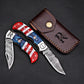 Handmade Damascus Pocket Knife Folding Knife in American flag handle Groomsmen Anniversary Wedding Personalized Gift Fathers day gift