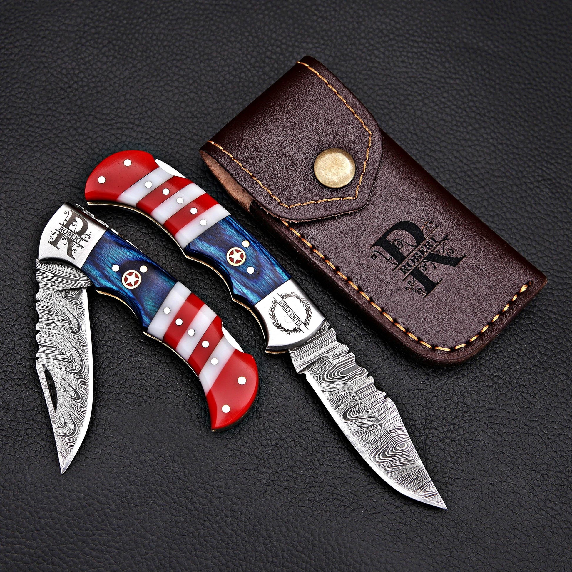 Handmade Damascus Pocket Knife Folding Knife in American flag handle Groomsmen Anniversary Wedding Personalized Gift Fathers day gift