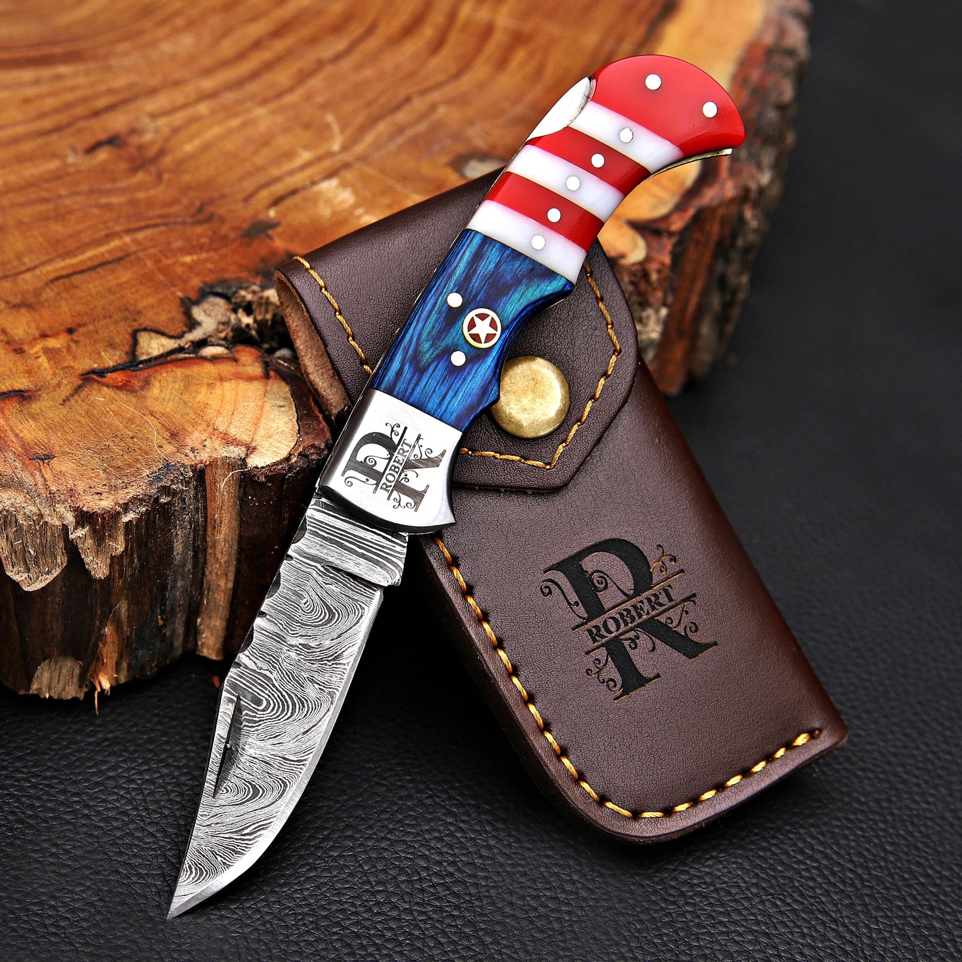 Handmade Damascus Pocket Knife Folding Knife in American flag handle Groomsmen Anniversary Wedding Personalized Gift Fathers day gift