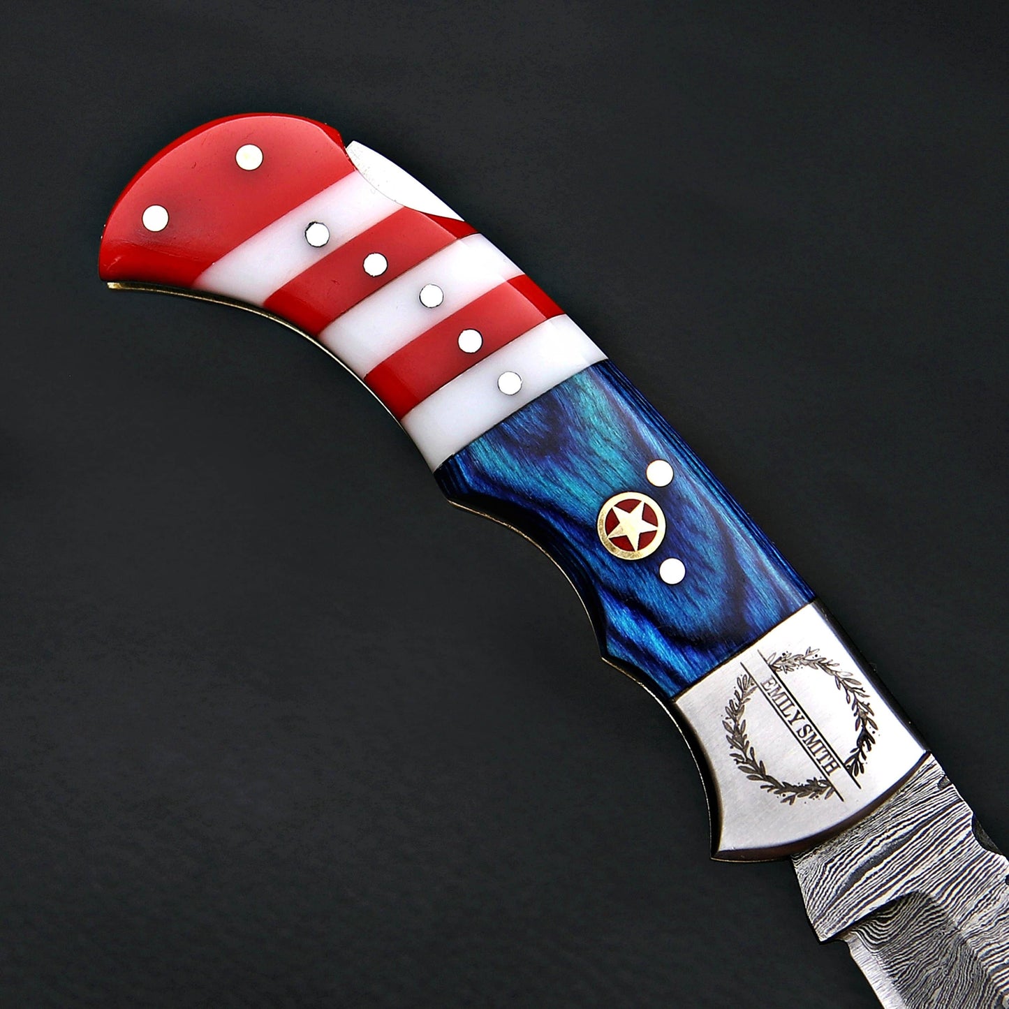 Handmade Damascus Pocket Knife Folding Knife in American flag handle Groomsmen Anniversary Wedding Personalized Gift Fathers day gift