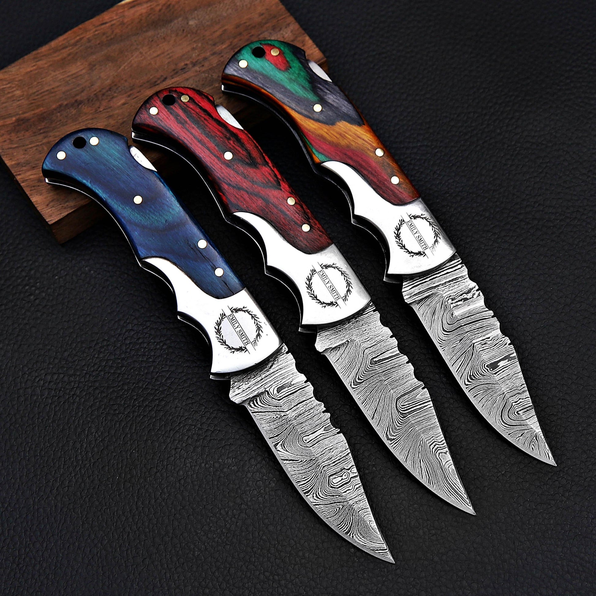 Damascus Folding Knife SET – Custom Collection Damascus Knives Custom Pocket Knife with Leather Sheath, Handmade Gift for Him