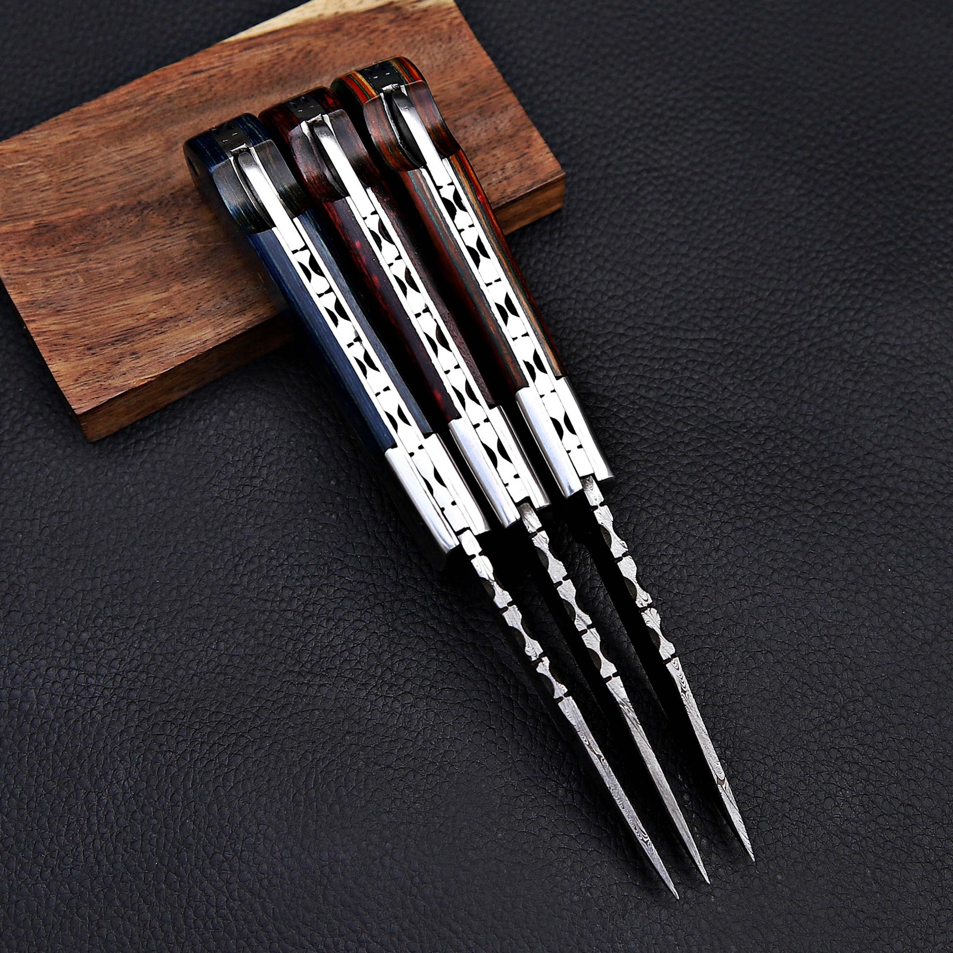 Damascus Folding Knife SET – Custom Collection Damascus Knives Custom Pocket Knife with Leather Sheath, Handmade Gift for Him