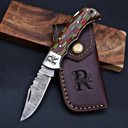 Handmade Damascus Pocket Knife Folding Knife Custom Groomsmen Gift Anniversary Wedding Personalized Gift for Men Fathers day gift for him