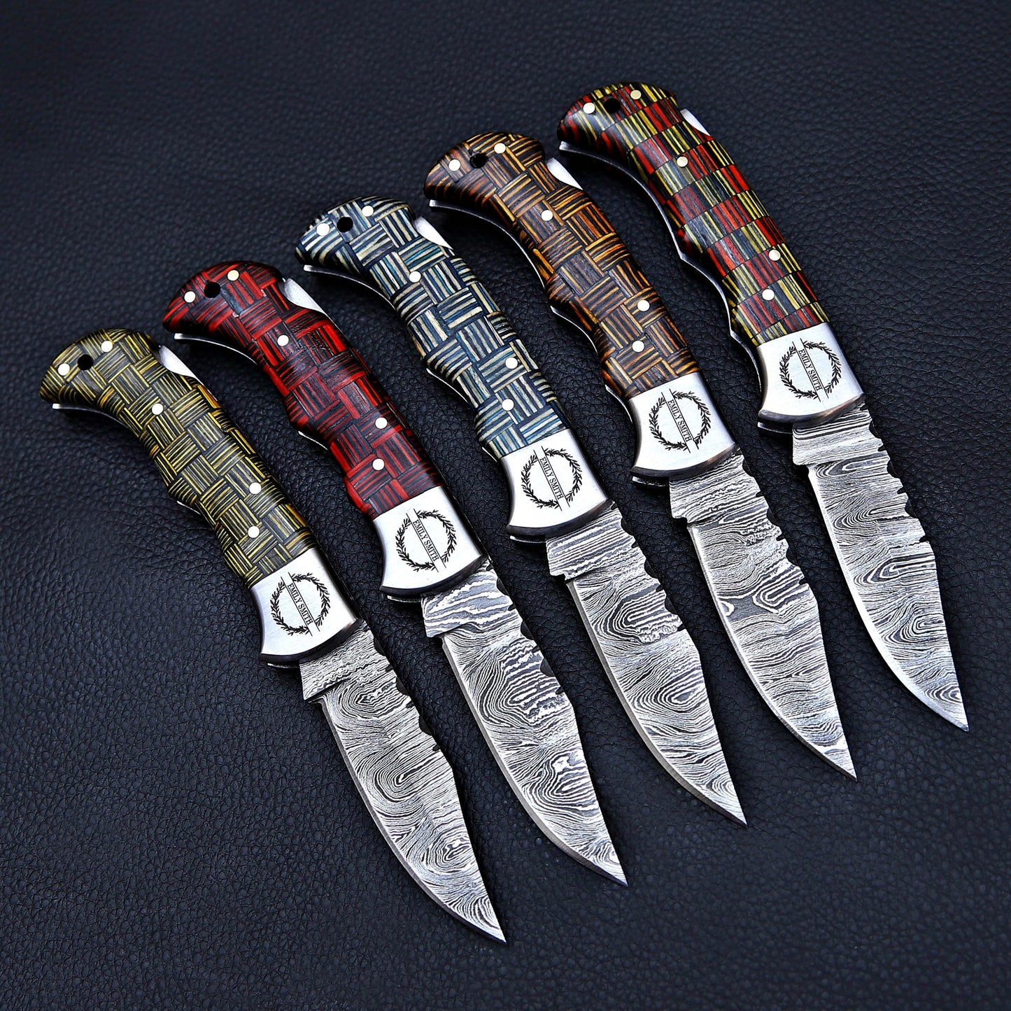 Damascus Knife Set of 5 – Folding Pocket Knives with Color Handles & Leather Sheath, Groomsmen Gift Set, Personalized Knife Set for Him