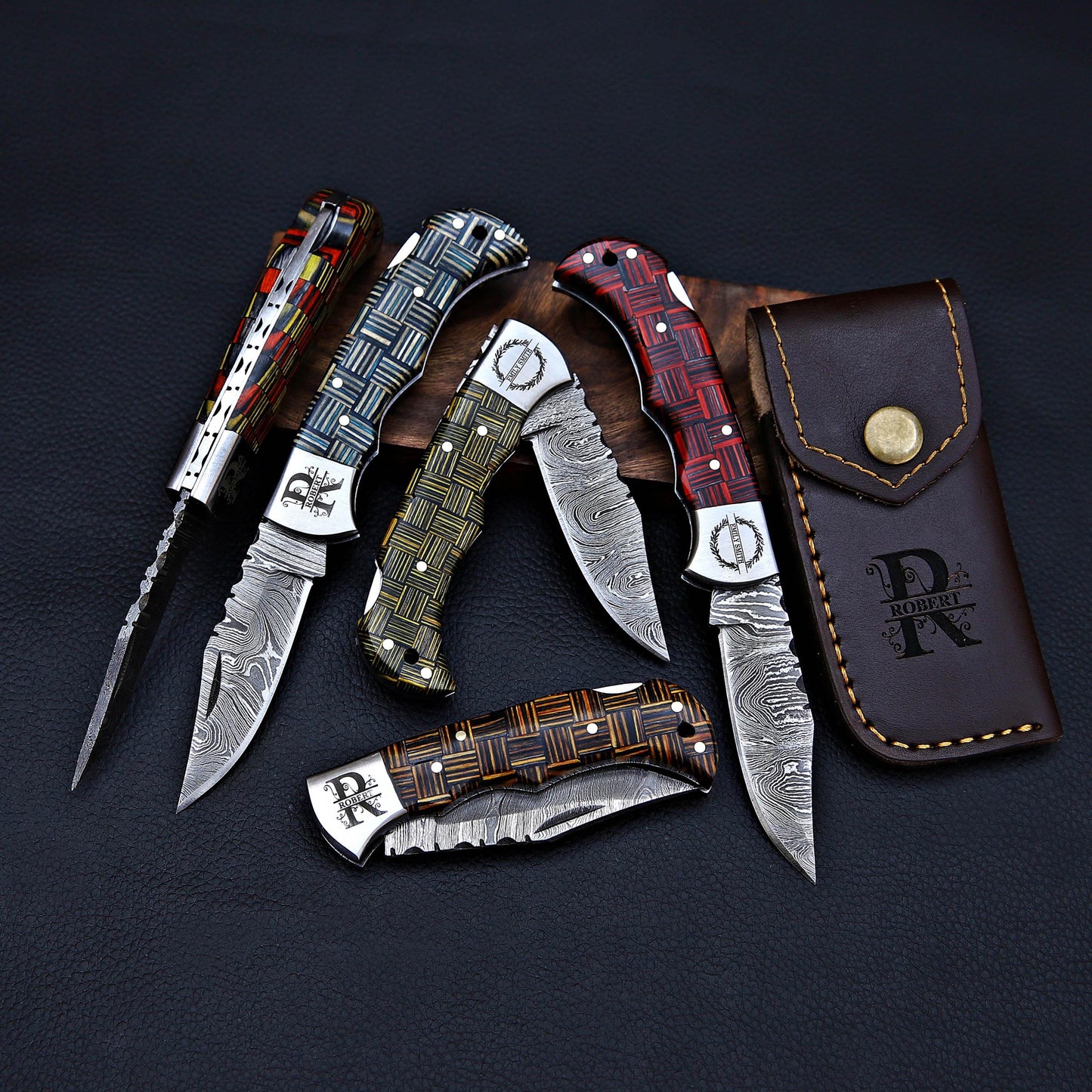 Damascus Knife Set of 5 – Folding Pocket Knives with Color Handles & Leather Sheath, Groomsmen Gift Set, Personalized Knife Set for Him