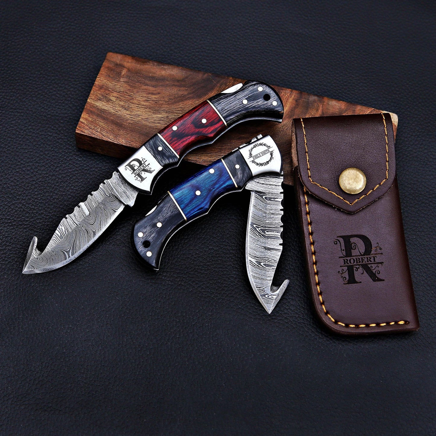 2-Piece Damascus Knife Set – Folding & Gut Hook Knives with Leather Sheath, Personalized Groomsmen Gift for Him