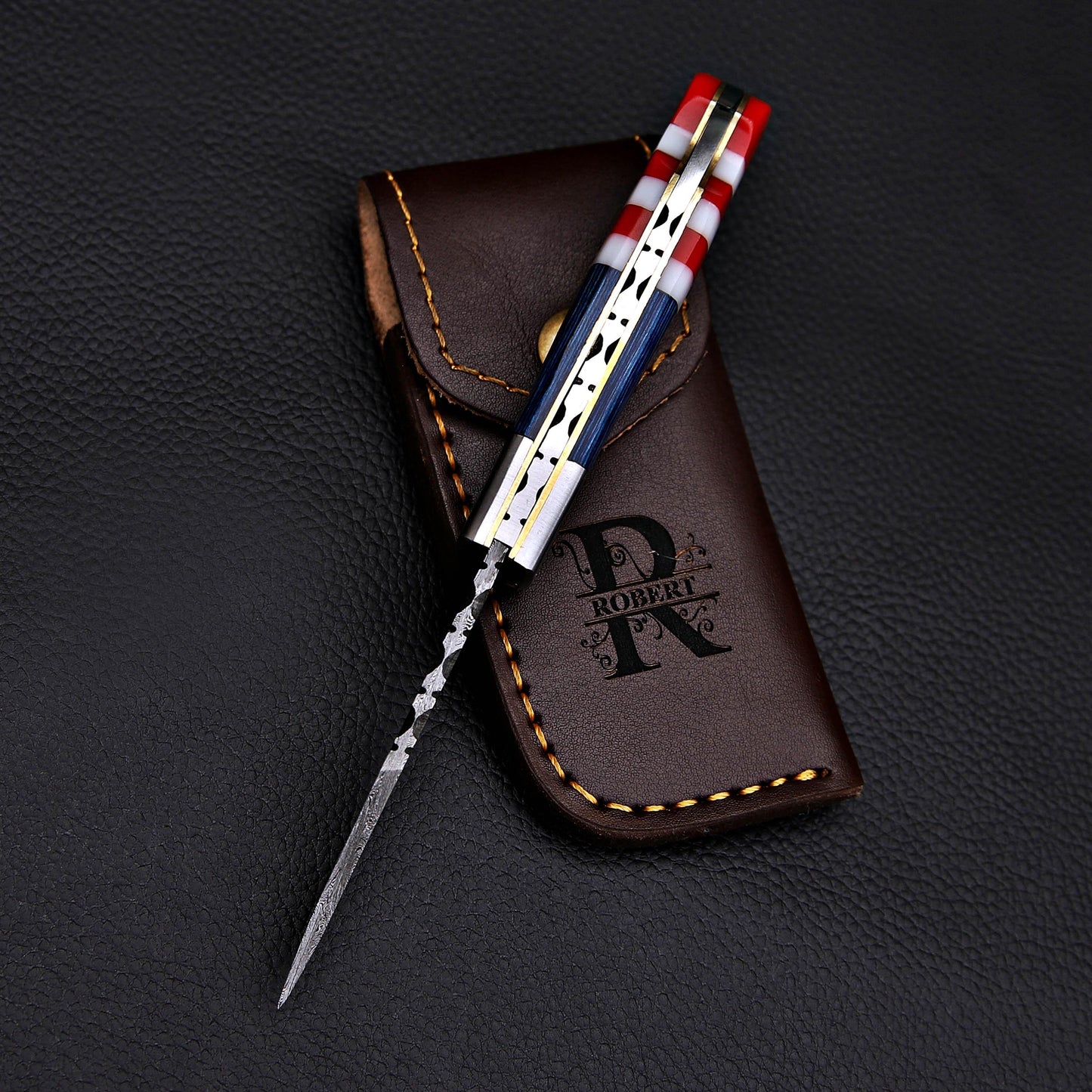 Handmade Damascus Pocket Knife Folding Knife in American flag handle Groomsmen Anniversary Wedding Personalized Gift Fathers day gift