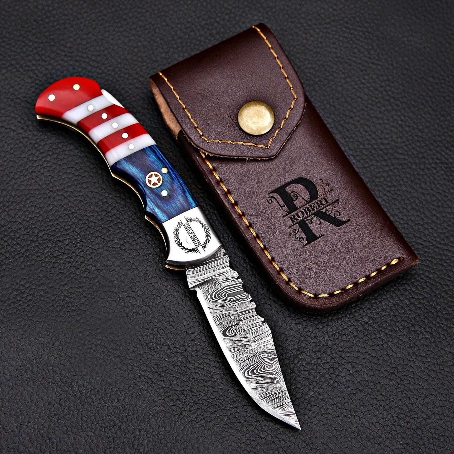 Handmade Damascus Pocket Knife Folding Knife in American flag handle Groomsmen Anniversary Wedding Personalized Gift Fathers day gift