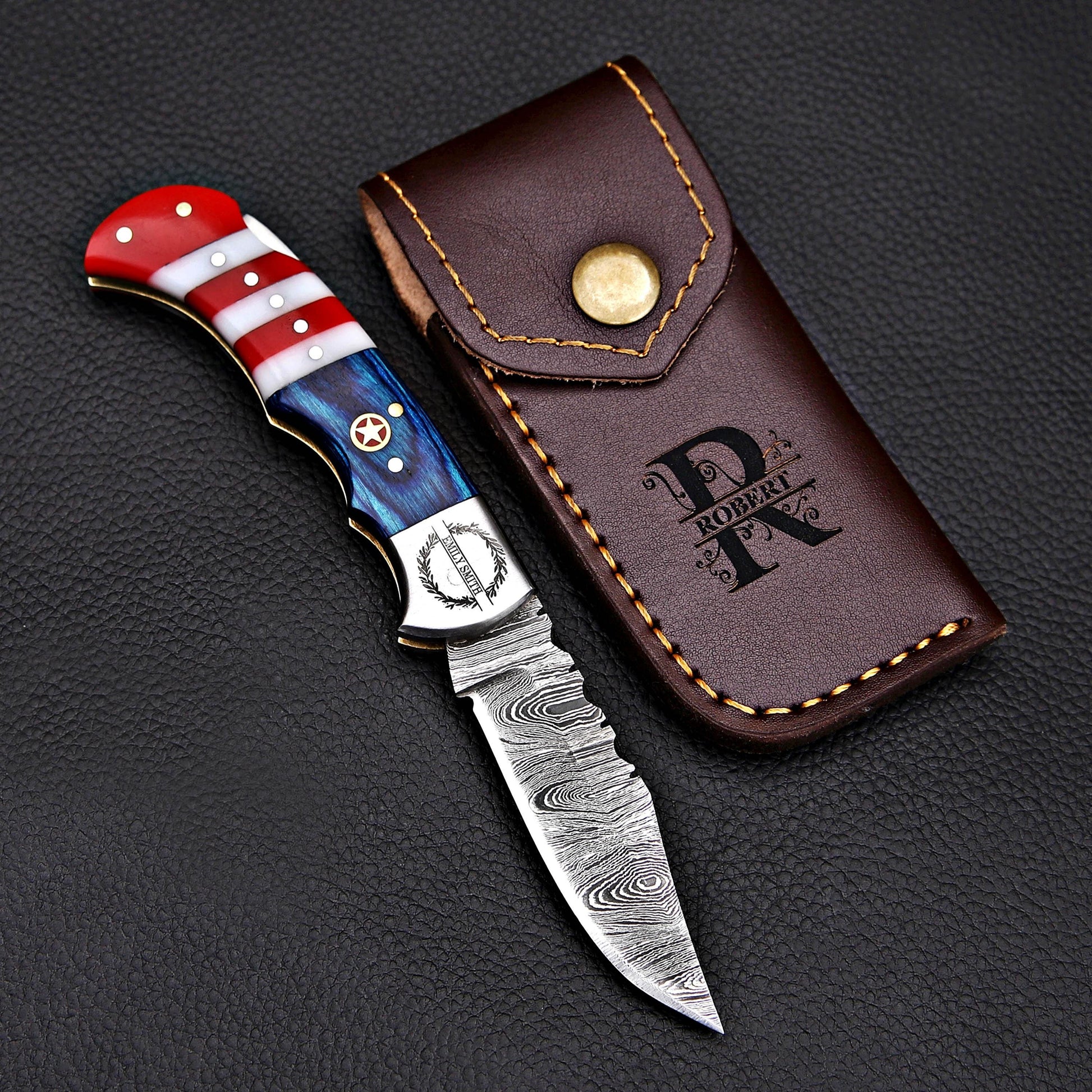 Handmade Damascus Pocket Knife Folding Knife in American flag handle Groomsmen Anniversary Wedding Personalized Gift Fathers day gift