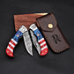 Handmade Damascus Pocket Knife Folding Knife in American flag handle Groomsmen Anniversary Wedding Personalized Gift Fathers day gift