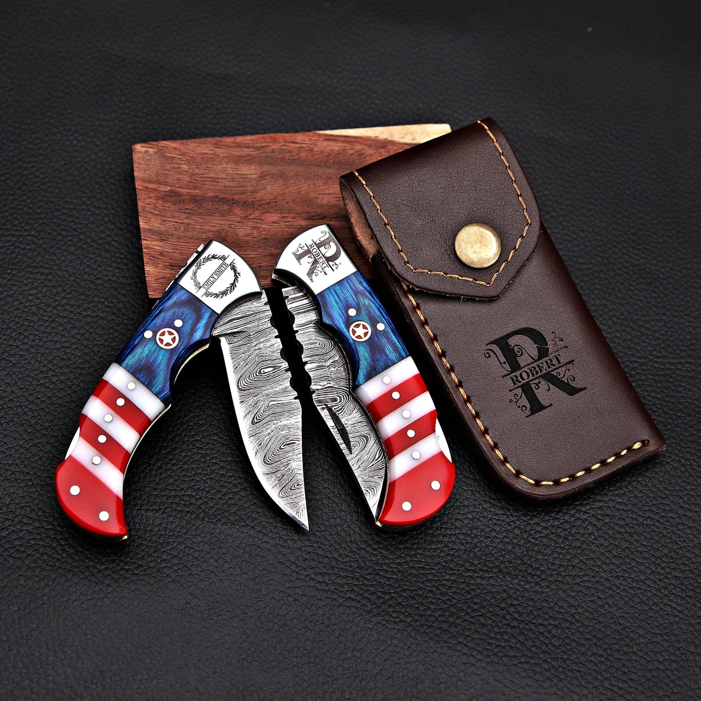 Handmade Damascus Pocket Knife Folding Knife in American flag handle Groomsmen Anniversary Wedding Personalized Gift Fathers day gift