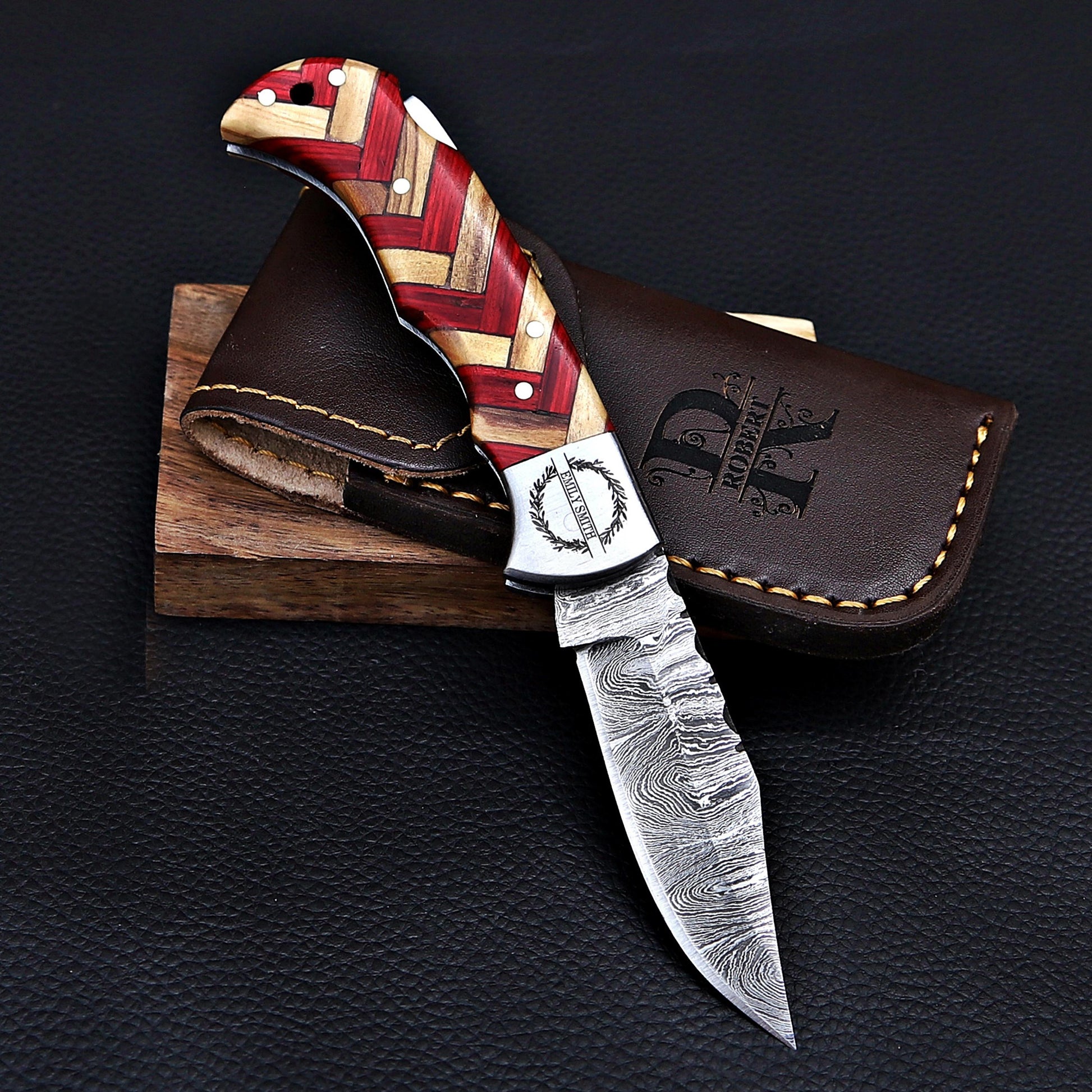 Damascus Pocket Knife Olive Wood Handle Birthday Gift Folding Knife Groomsmen Gift Anniversary Wedding Personalized Fathers day gift