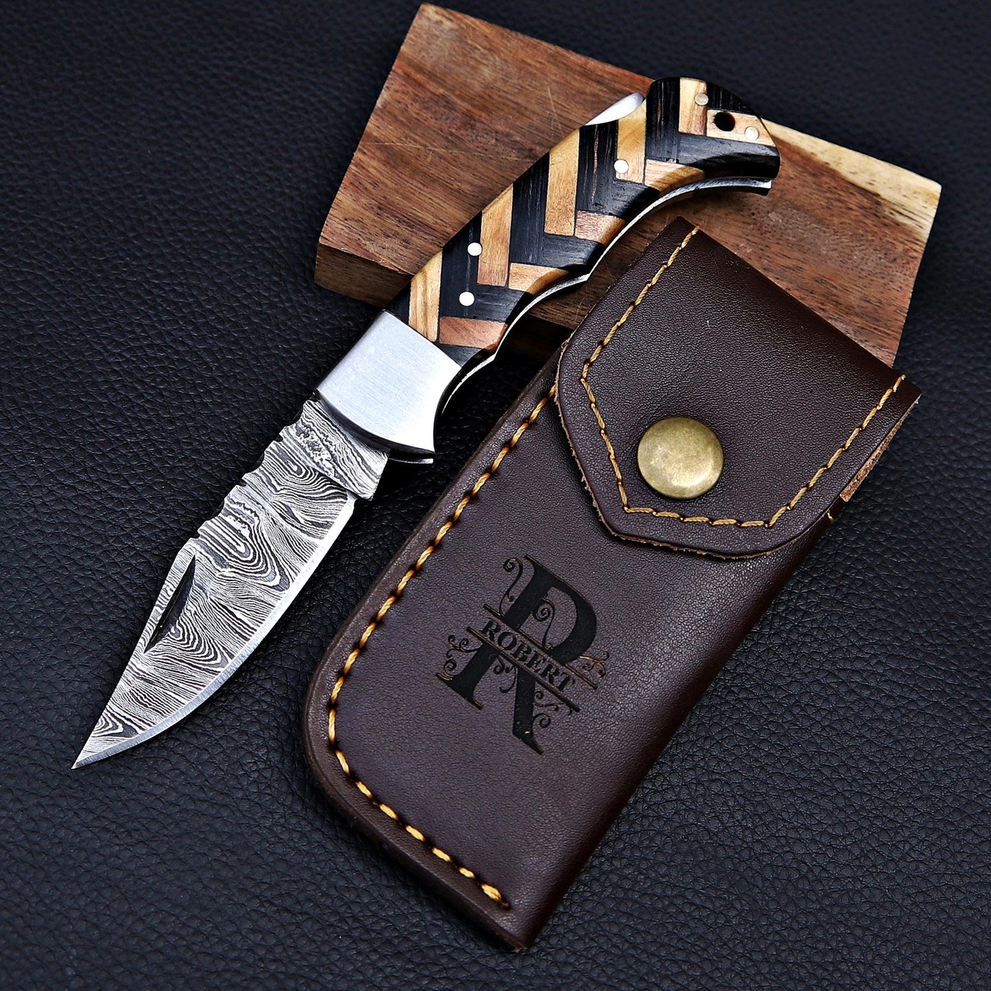 Damascus Pocket Knife Olive Wood Handle Birthday Gift Folding Knife Groomsmen Gift Anniversary Wedding Personalized Fathers day gift