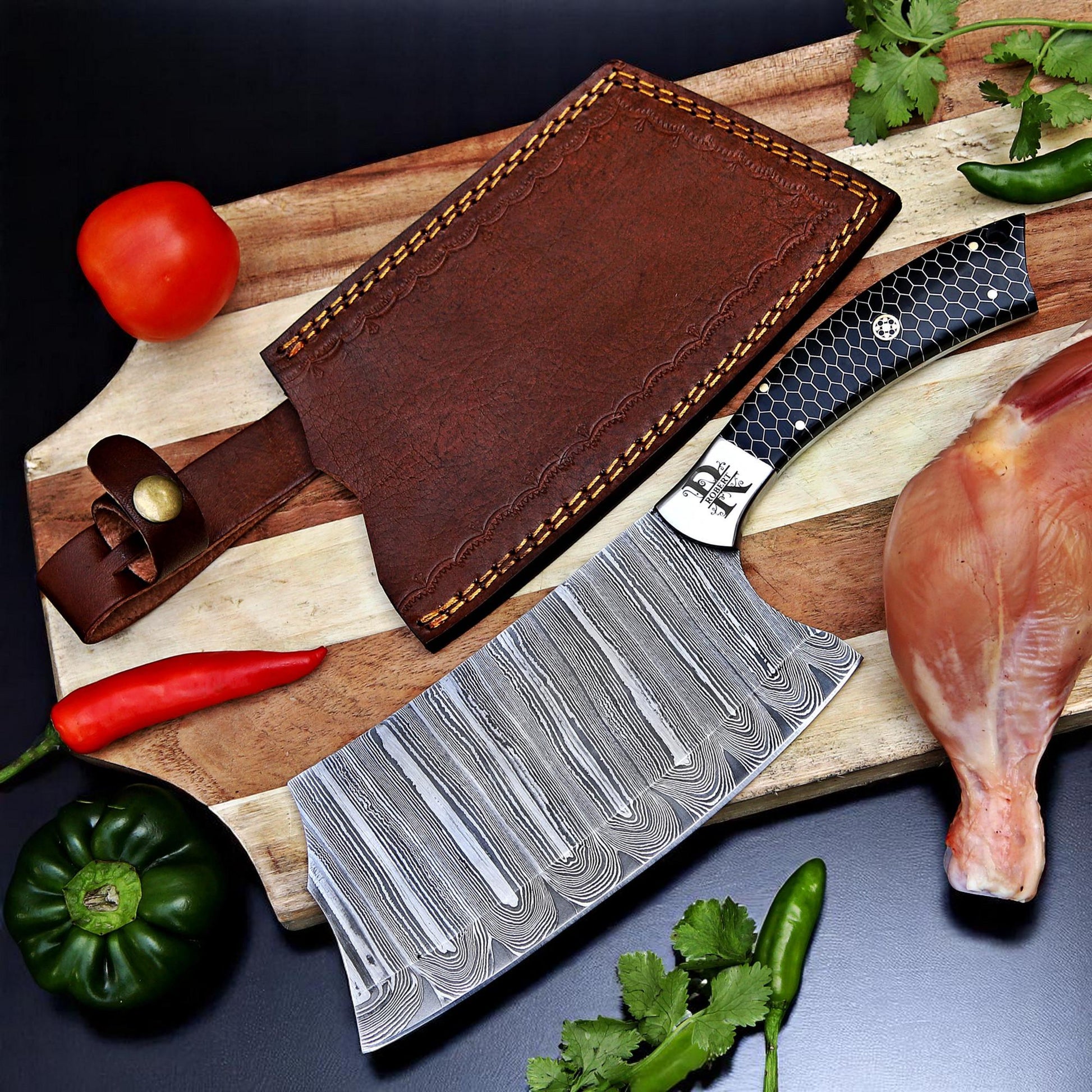 Cleaver Knife Kitchen chef knife in Damascus steel Indoor Outdoor BBQ Cooking Chopper Knife gift for her, gift for him, Fathers day gift