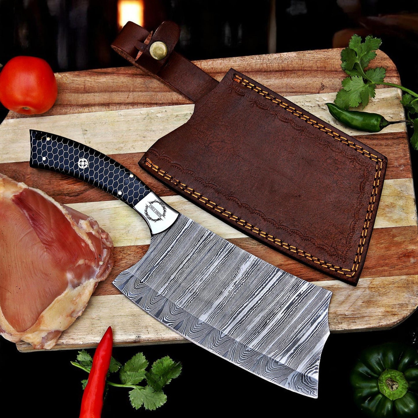 Cleaver Knife Kitchen chef knife in Damascus steel Indoor Outdoor BBQ Cooking Chopper Knife gift for her, gift for him, Fathers day gift