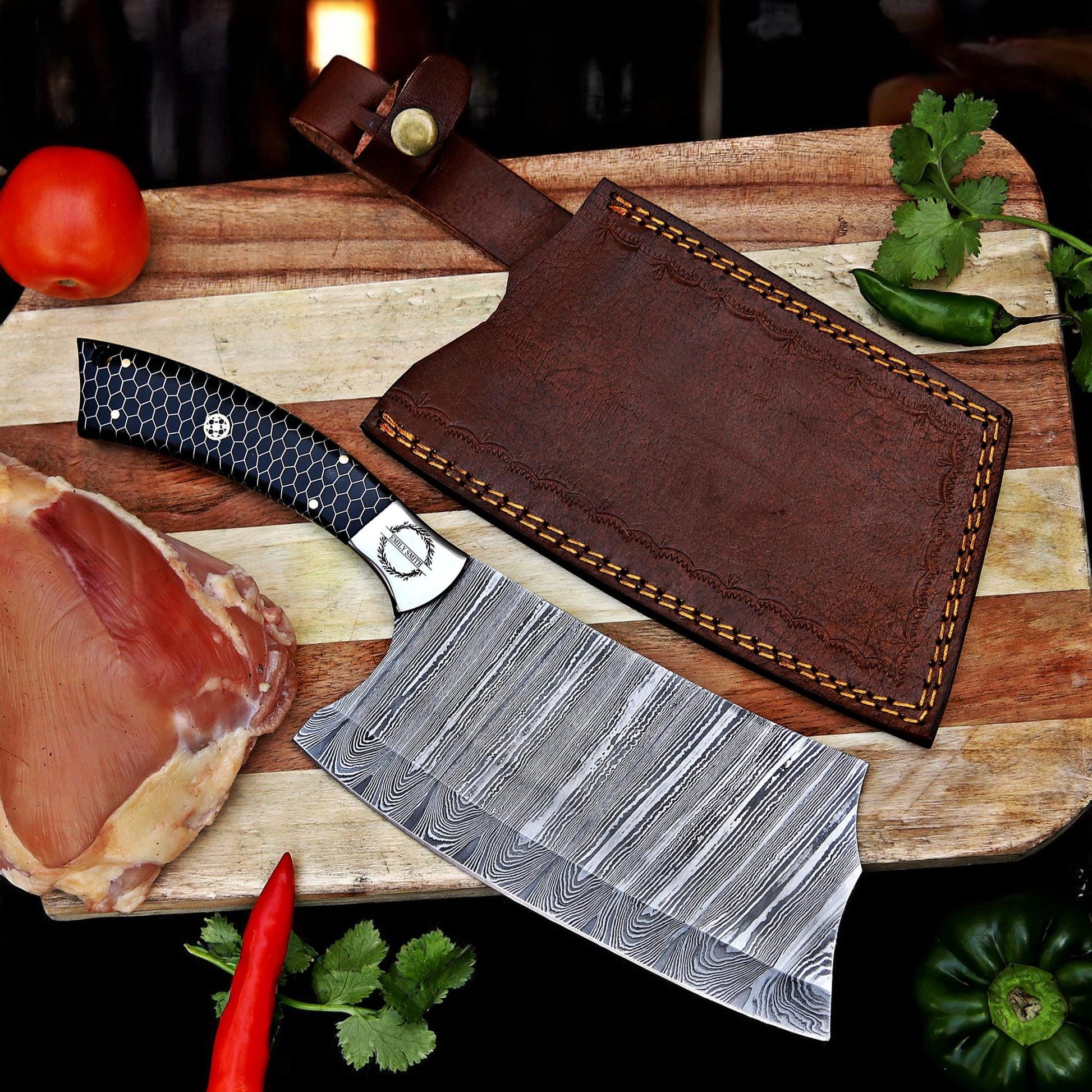 Cleaver Knife Kitchen chef knife in Damascus steel Indoor Outdoor BBQ Cooking Chopper Knife gift for her, gift for him, Fathers day gift