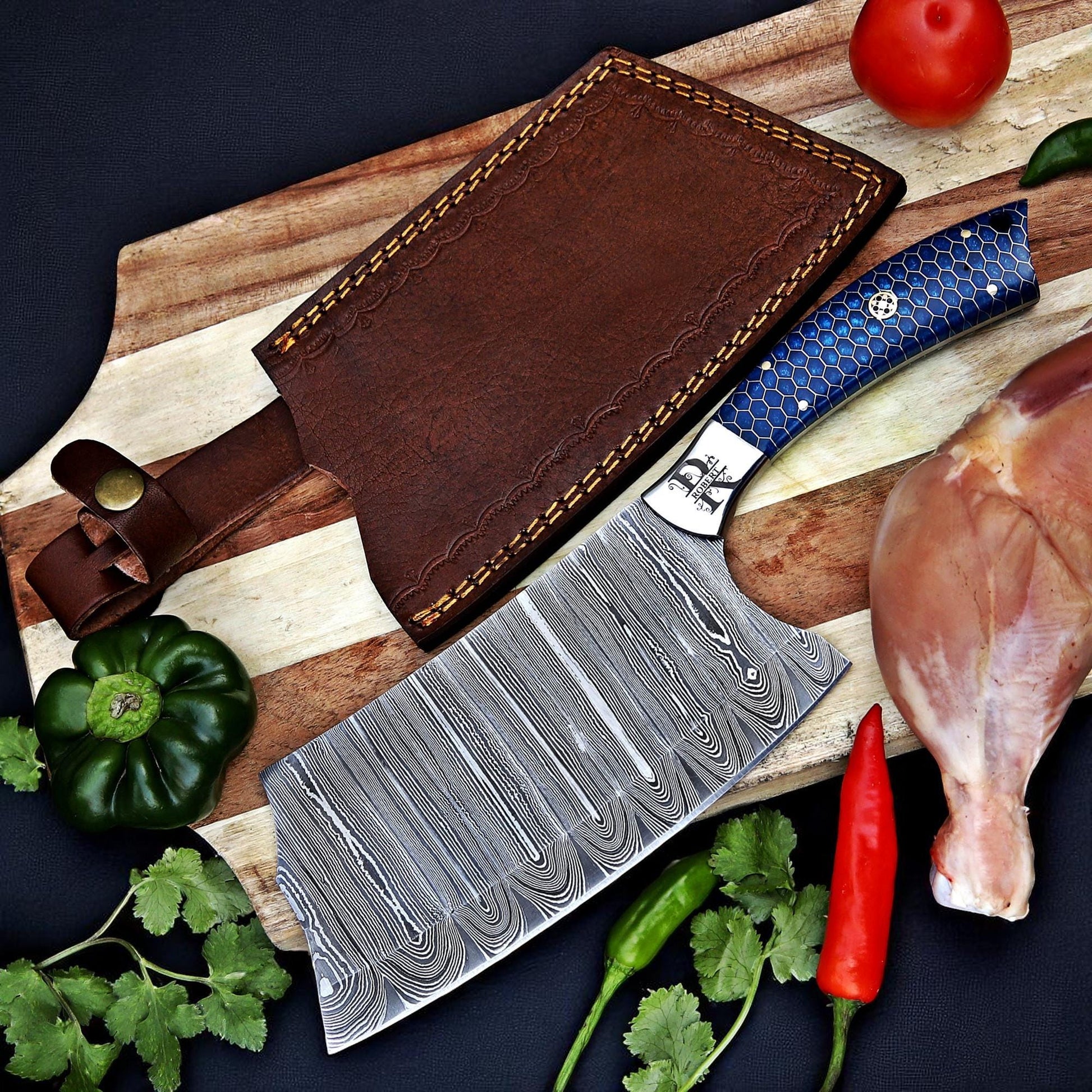 Cleaver Knife Kitchen chef knife in Damascus steel Indoor Outdoor BBQ Cooking Chopper Knife gift for her, gift for him, Fathers day gift