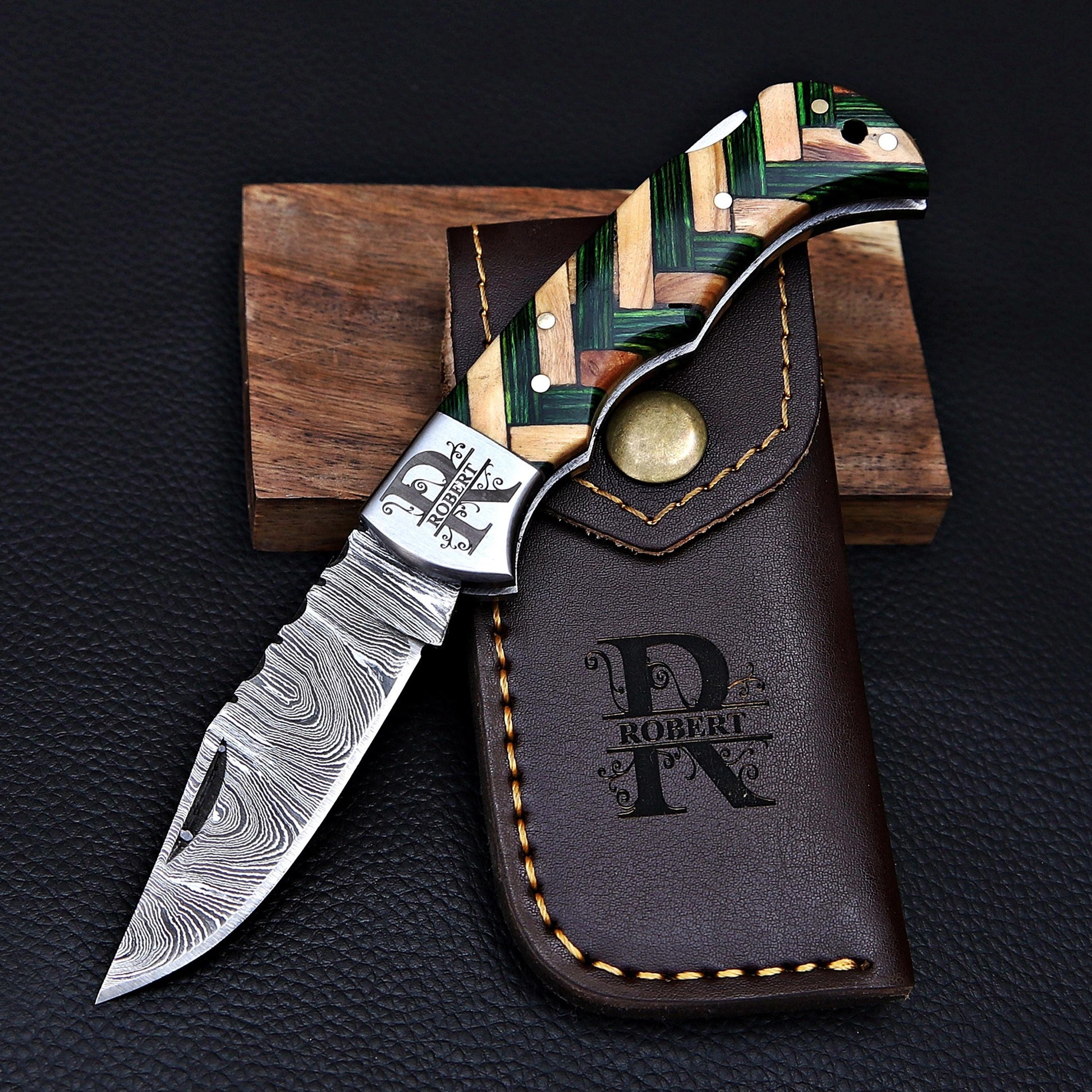 Damascus Pocket Knife Olive Wood Handle Birthday Gift Folding Knife Groomsmen Gift Anniversary Wedding Personalized Fathers day gift