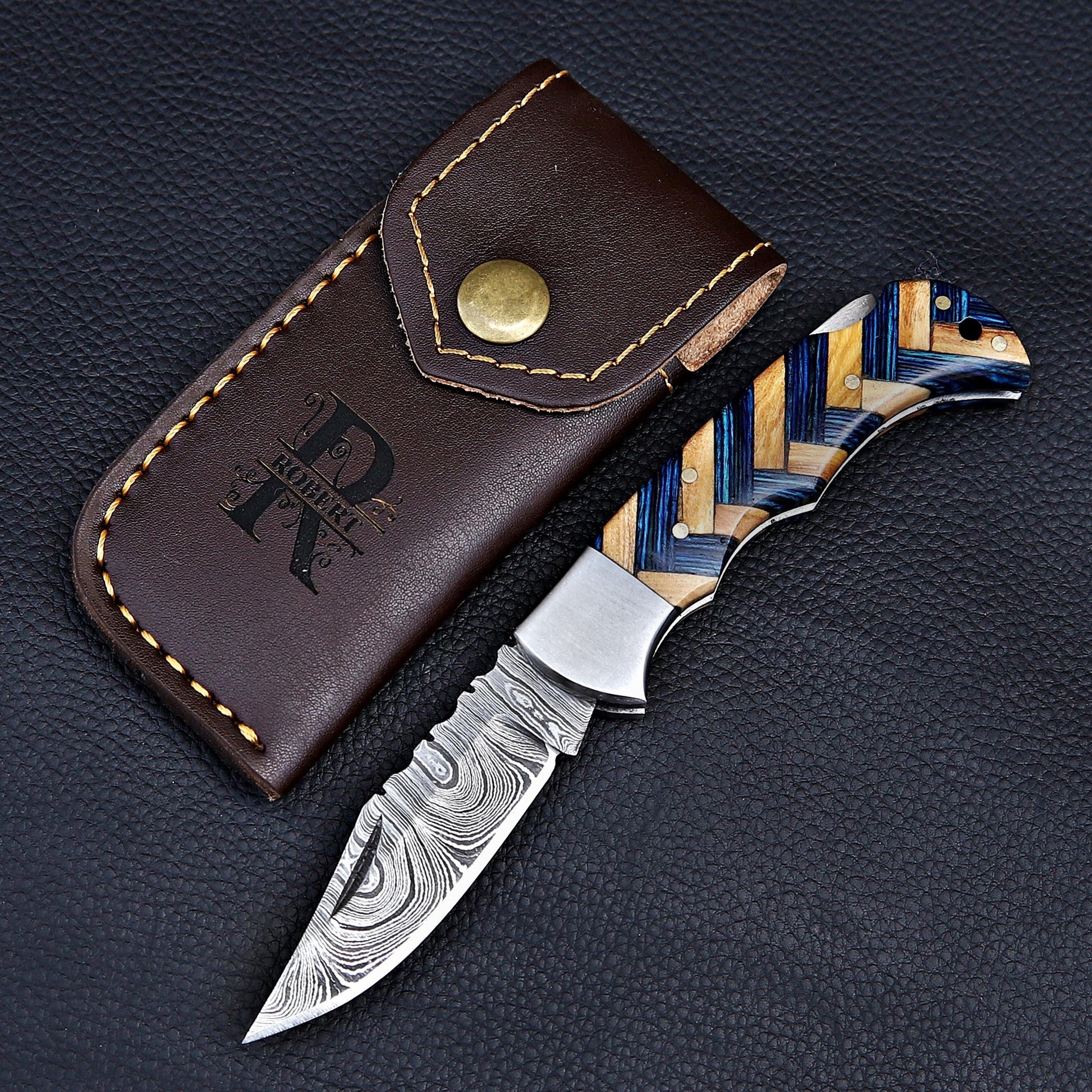 Damascus Pocket Knife Olive Wood Handle Birthday Gift Folding Knife Groomsmen Gift Anniversary Wedding Personalized Fathers day gift