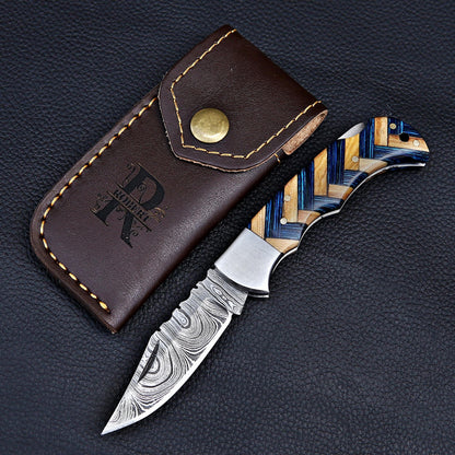 Damascus Pocket Knife Olive Wood Handle Birthday Gift Folding Knife Groomsmen Gift Anniversary Wedding Personalized Fathers day gift