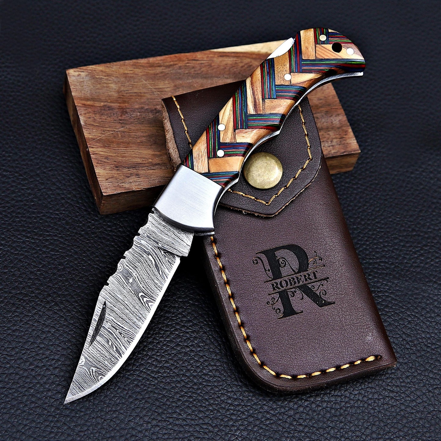 Damascus Pocket Knife Olive Wood Handle Birthday Gift Folding Knife Groomsmen Gift Anniversary Wedding Personalized Fathers day gift