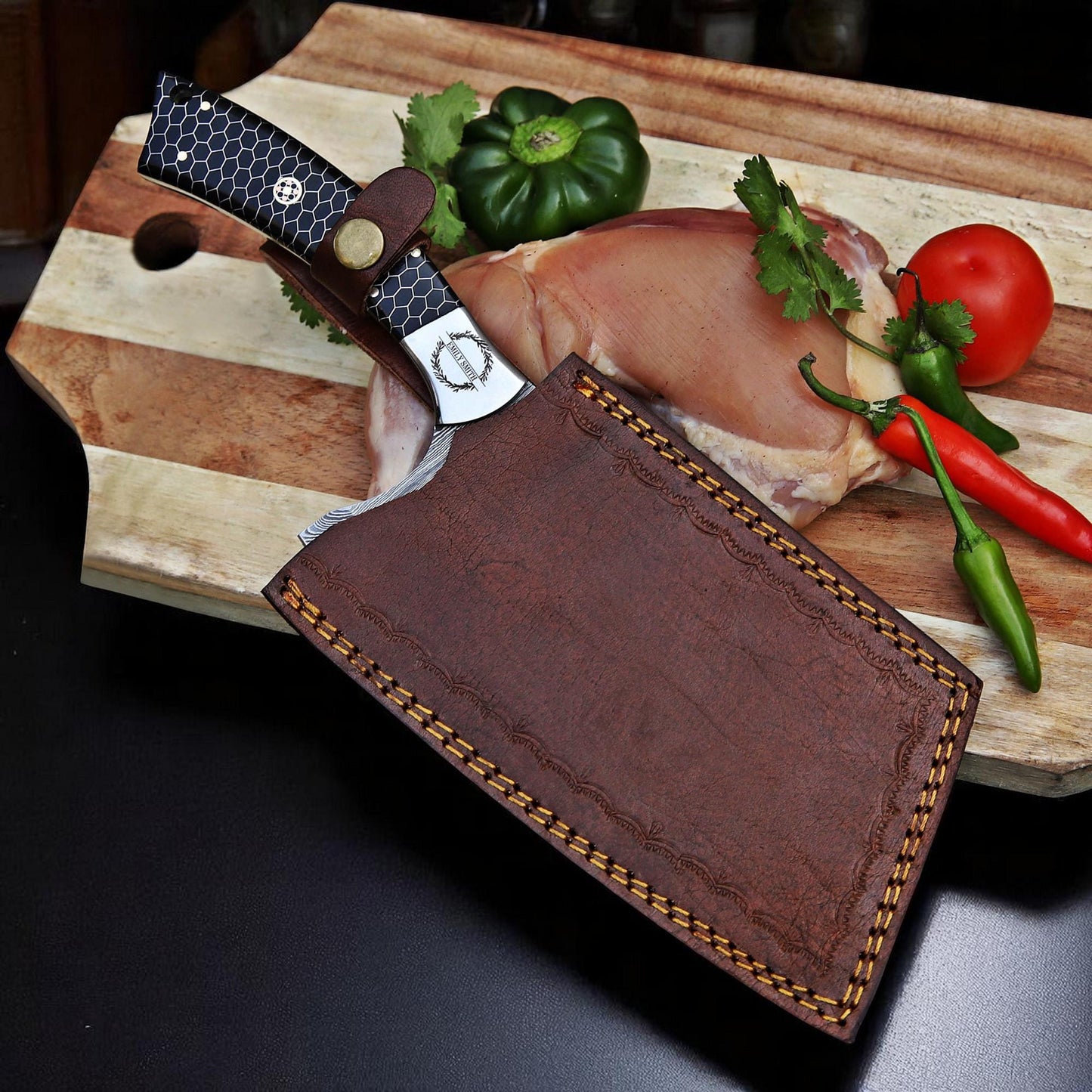 Cleaver Knife Kitchen chef knife in Damascus steel Indoor Outdoor BBQ Cooking Chopper Knife gift for her, gift for him, Fathers day gift
