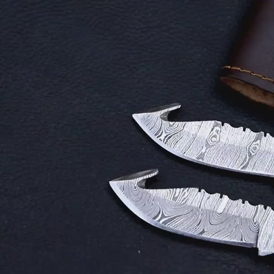 2-Piece Damascus Knife Set – Folding & Gut Hook Knives with Leather Sheath, Personalized Groomsmen Gift for Him