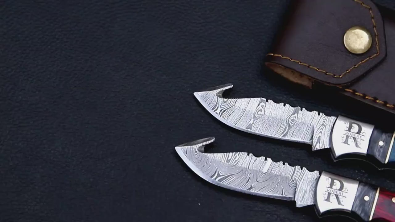 2-Piece Damascus Knife Set – Folding & Gut Hook Knives with Leather Sheath, Personalized Groomsmen Gift for Him