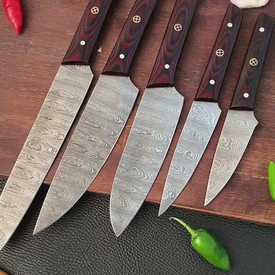 Damascus Steel 5pc Cooking Knife Set - BBQ Indoor/Outdoor Kitchen Knives, Chef Santoku Utility Knife, Handmade Camping Damascus Blade