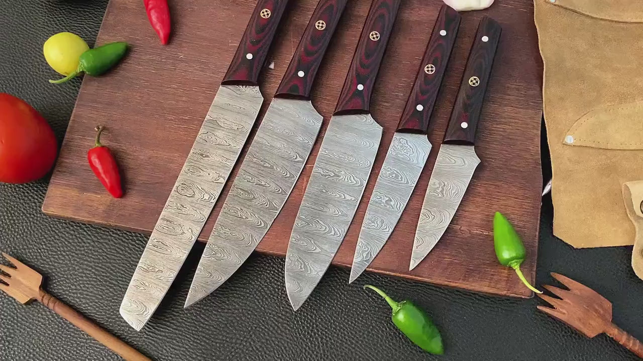 Damascus Steel 5pc Cooking Knife Set - BBQ Indoor/Outdoor Kitchen Knives, Chef Santoku Utility Knife, Handmade Camping Damascus Blade