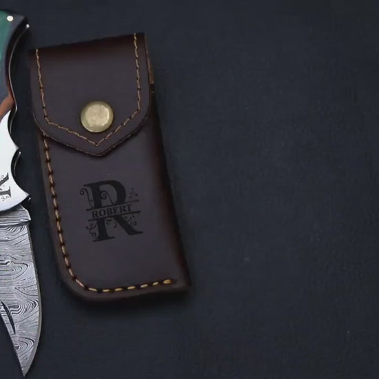 Damascus Folding Knife SET –  Custom Collection Damascus Knives Custom Pocket Knife with Leather Sheath, Handmade Gift for Him