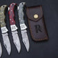 Damascus Knife Set of 5 – Folding Pocket Knives with Color Handles & Leather Sheath, Groomsmen Gift Set, Personalized Knife Set for Him