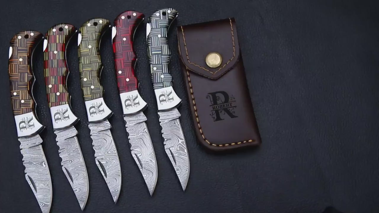 Damascus Knife Set of 5 – Folding Pocket Knives with Color Handles & Leather Sheath, Groomsmen Gift Set, Personalized Knife Set for Him