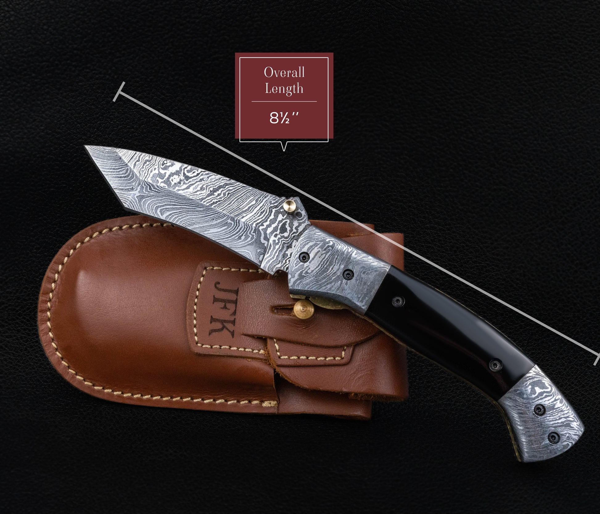 Curved Hand Forged Black Damascus Folding Knife