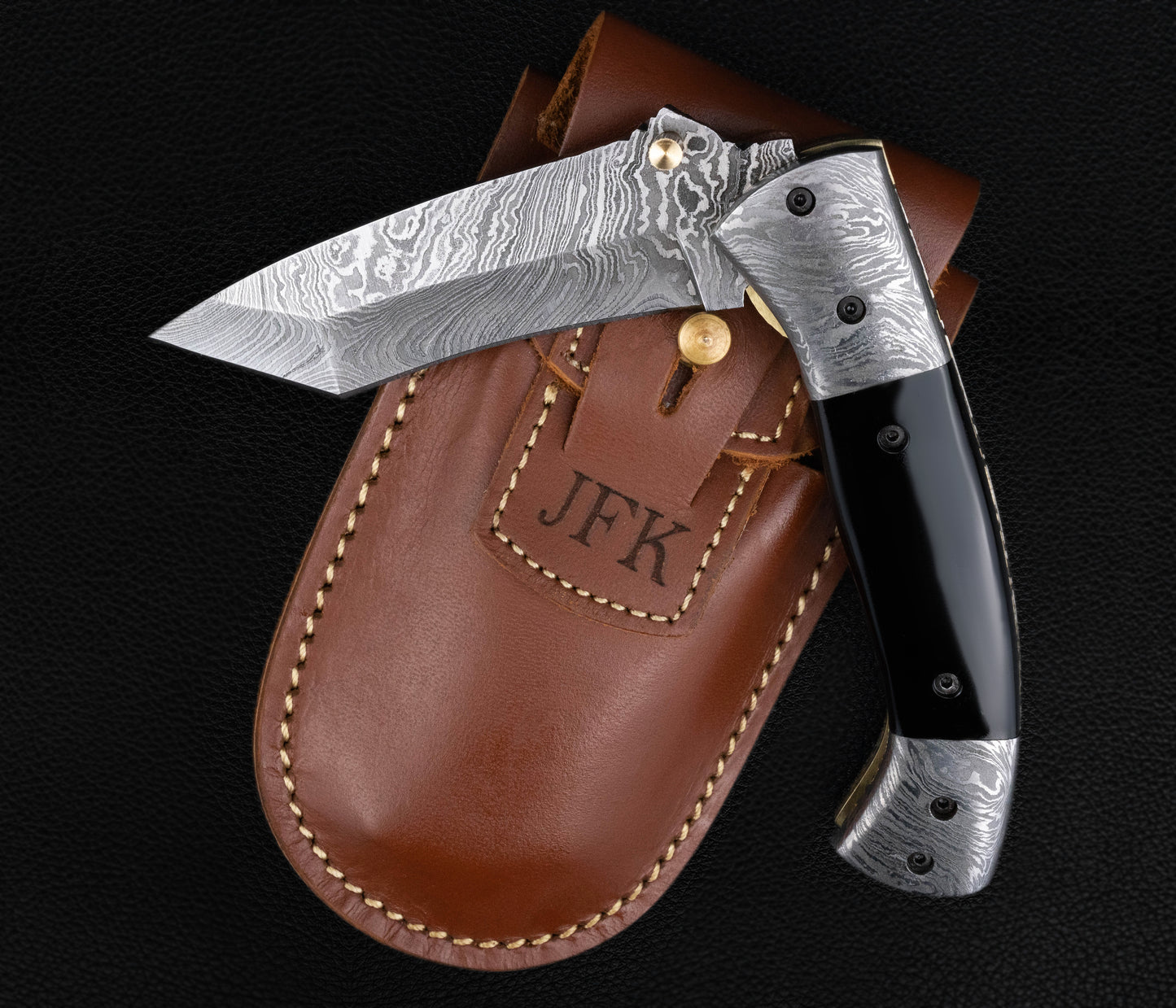 Curved Hand Forged Black Damascus Folding Knife