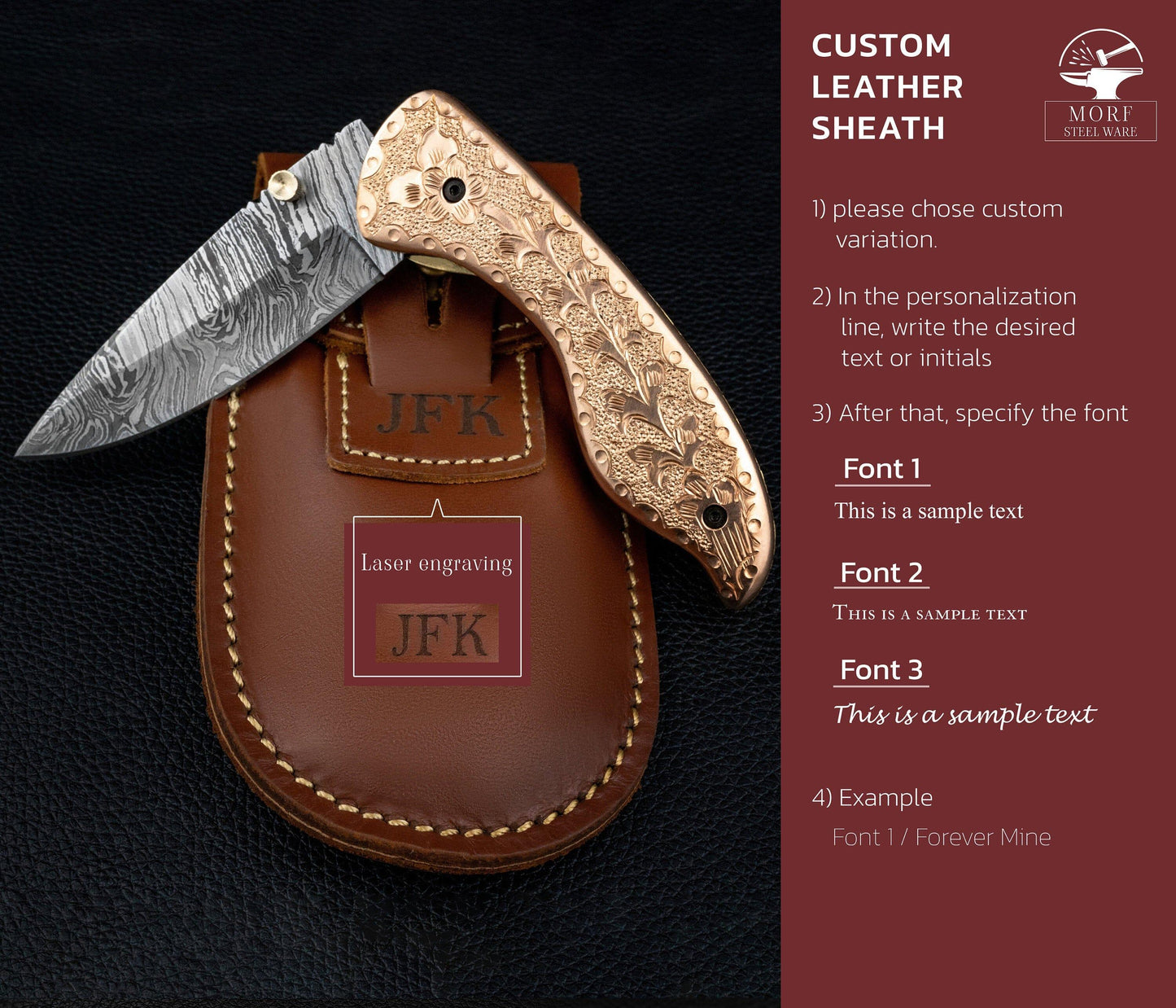 7.5" Hand Forged Engraved Copper Handle Damascus Fold Knife,Hand Made Damascus Pocket Knife, Damascus Steel Hunting knife, Folding Knife 