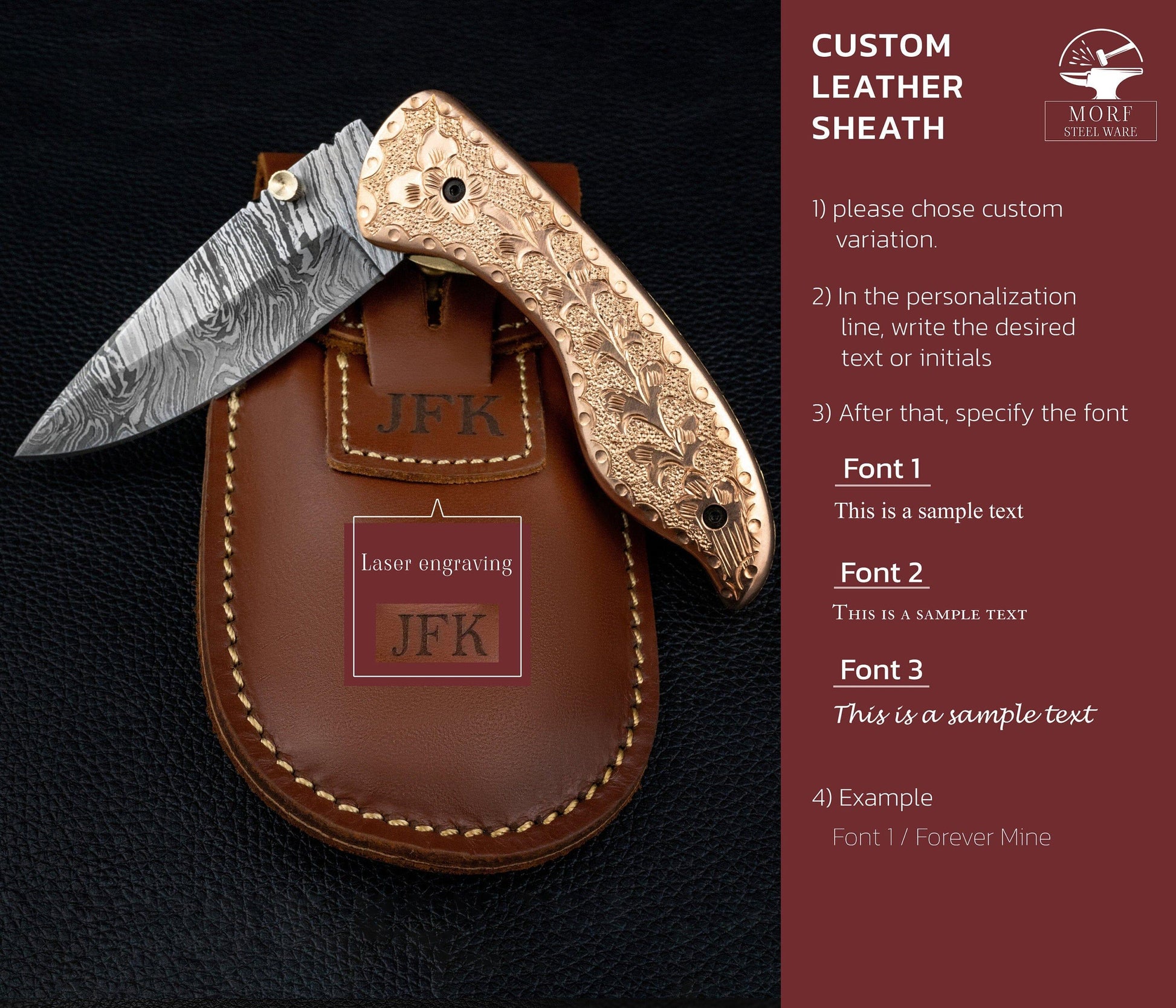 7.5" Hand Forged Engraved Copper Handle Damascus Fold Knife,Hand Made Damascus Pocket Knife, Damascus Steel Hunting knife, Folding Knife 