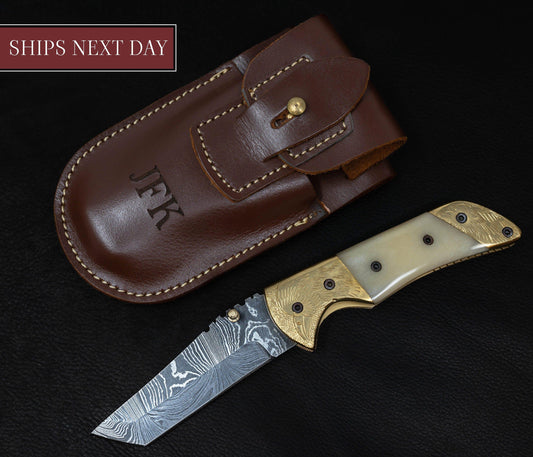 7.1/2'' Hand Forged Real Horn Handle Damascus Fold Knife, White Bone Pocket Knife, Damascus Steel Hunting knife, Hand Forged Damascus Knife Etsy 