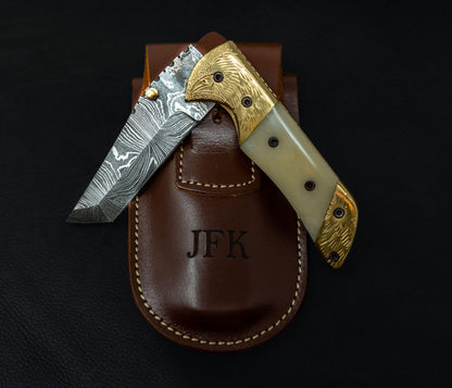 7.1/2'' Hand Forged Real Horn Handle Damascus Fold Knife, White Bone Pocket Knife, Damascus Steel Hunting knife, Hand Forged Damascus Knife Etsy 