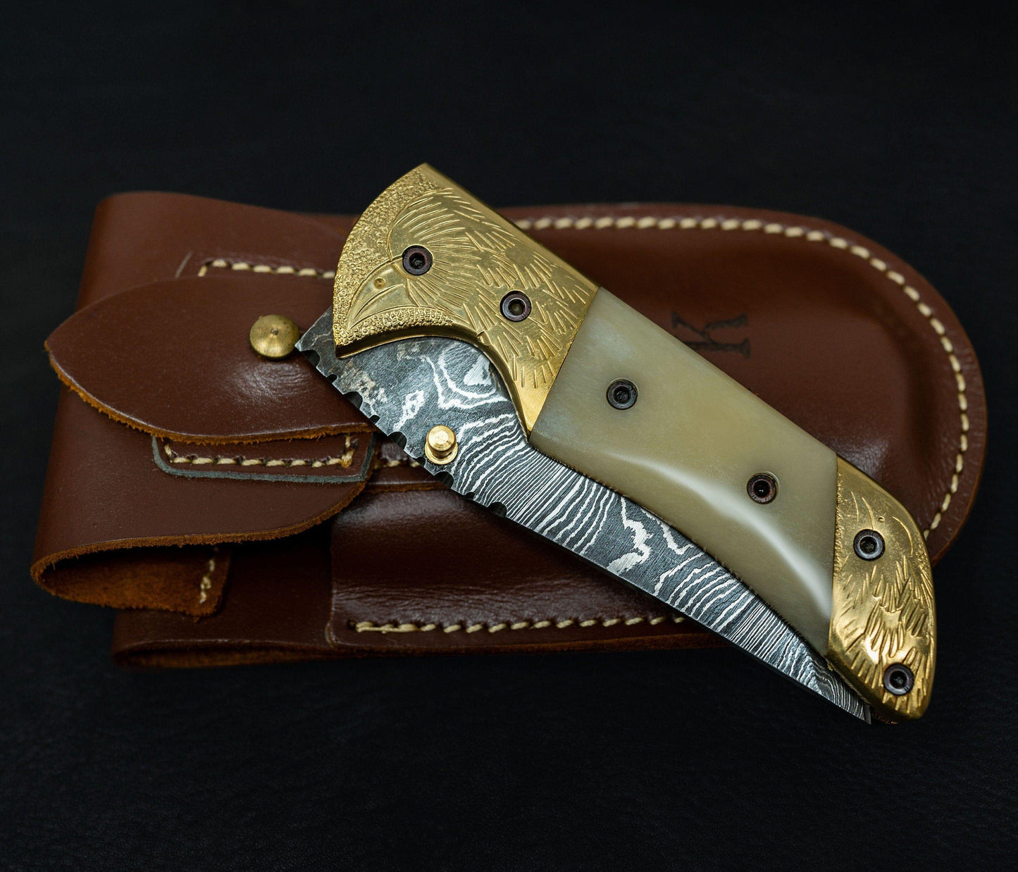 7.1/2'' Hand Forged Real Horn Handle Damascus Fold Knife, White Bone Pocket Knife, Damascus Steel Hunting knife, Hand Forged Damascus Knife Etsy 