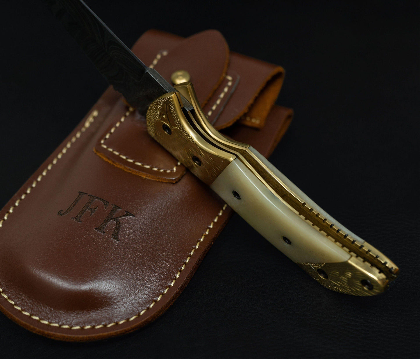 7.1/2'' Hand Forged Real Horn Handle Damascus Fold Knife, White Bone Pocket Knife, Damascus Steel Hunting knife, Hand Forged Damascus Knife Etsy 