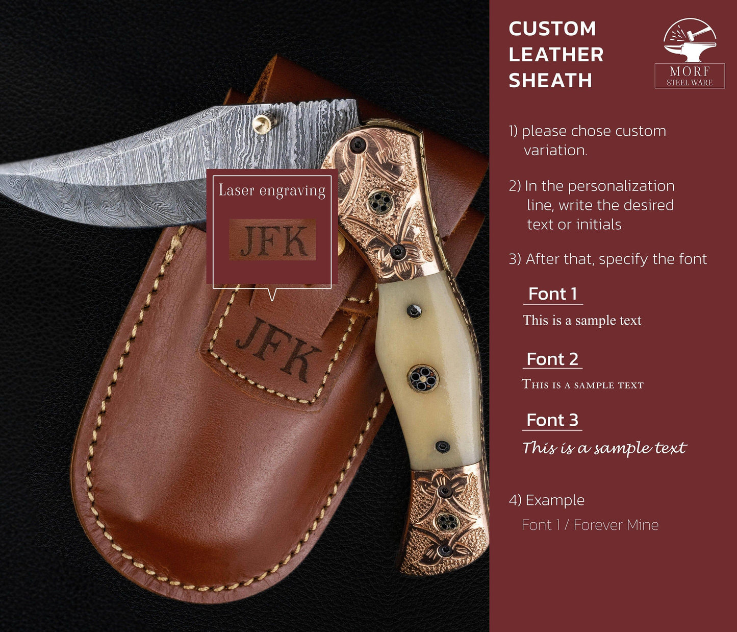 9'' Hand Forged Natural Bone Handle Damascus Fold Knife, Damascus Pocket Knife, Damascus Steel Hunting knife, Hand Forged Damascus Knife Etsy 