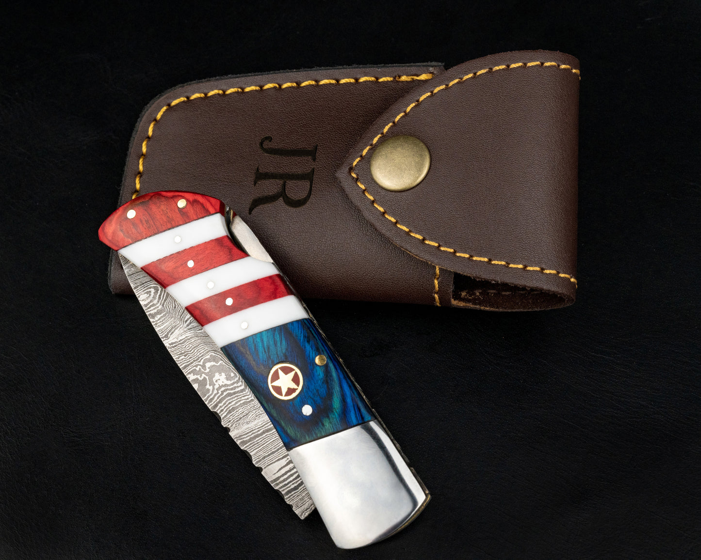 Damascus Steel Flag Handle Pocket Knife
